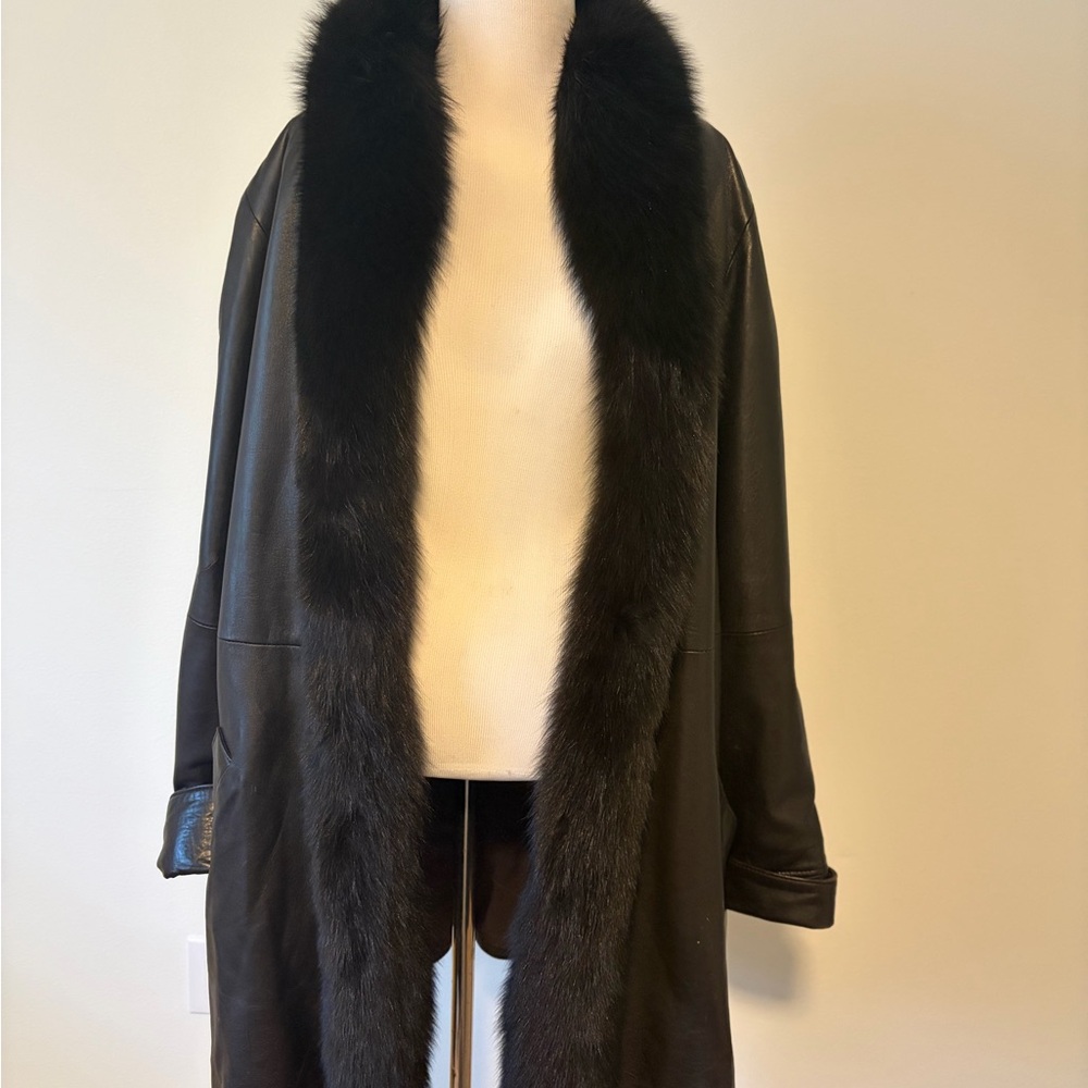 Dark brown genuine leather fur trimmed coat